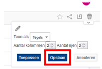 Een tegel wordt opgeslagen met 'zoekopdracht opslaan', dit werkt niet voor dashboards! Gebruik voor dashboards altijd deze 'Opslaan'-knop vanuit het potloodmenu.